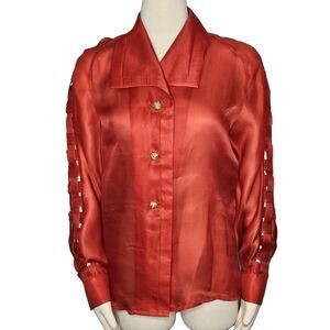 Vintage‎ Starington 100% Red Silk Blouse Cutout Sleeve Button Front Size 8